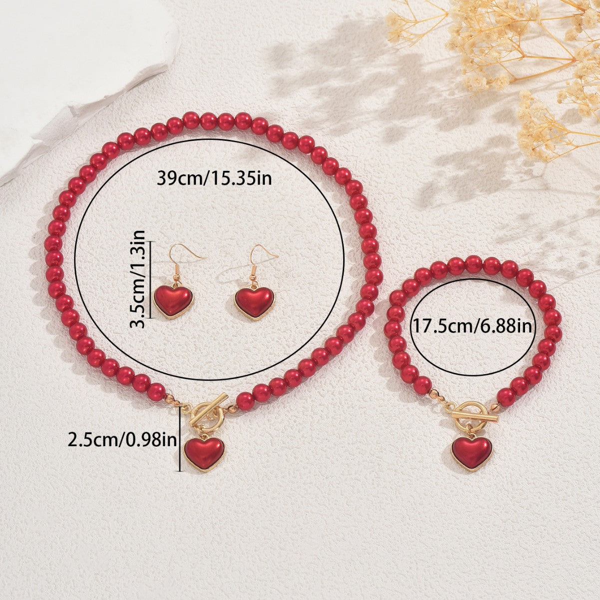 Conjunto de collar, pendientes y pulsera de aleación con perlas de corazón geométrico para mujer