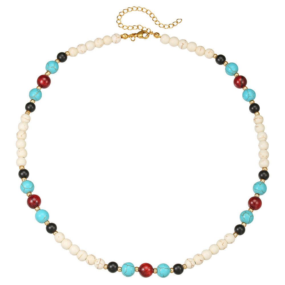 Bohemian Geometric Wood and Turquoise Beaded Cable Chain Necklace for Unisex