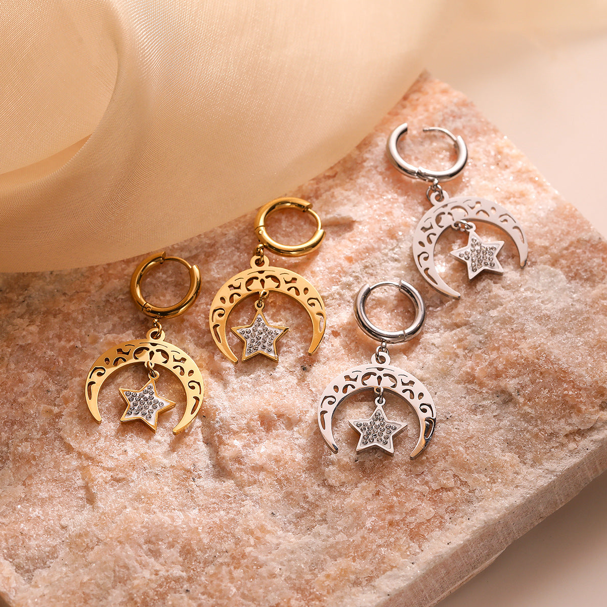 Minimalist Geometric Titanium Steel Earrings with Gold Plating and Zircon Sun Moon Motifs for Women
