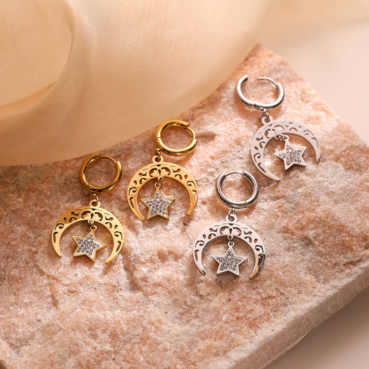 Orecchini Minimalisti Geometrici in Acciaio al Titanio con Placcatura in Oro e Motivi di Sole e Luna in Zircone per Donne