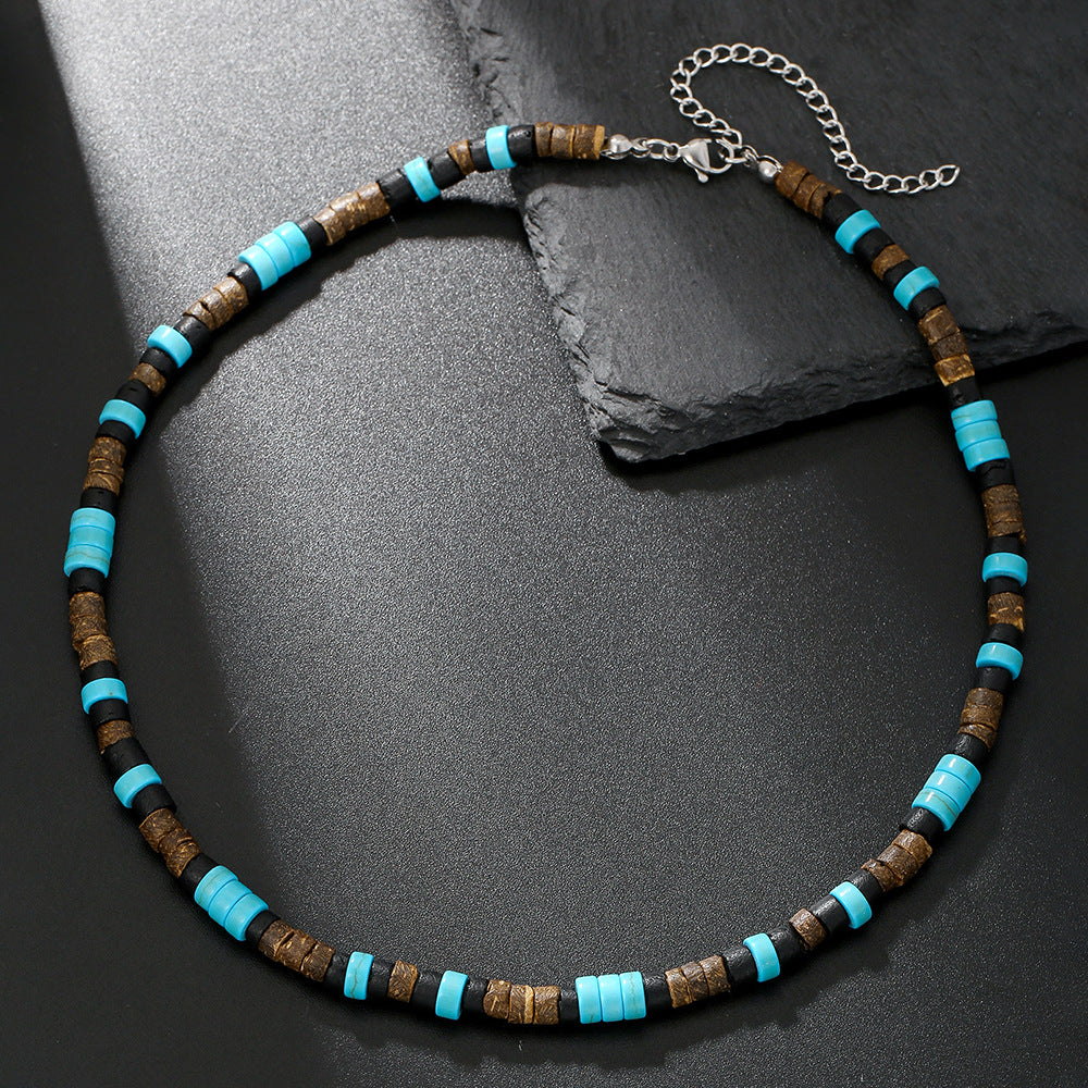 Bohemian Geometric Wood Bead Turquoise Short Necklace for Men