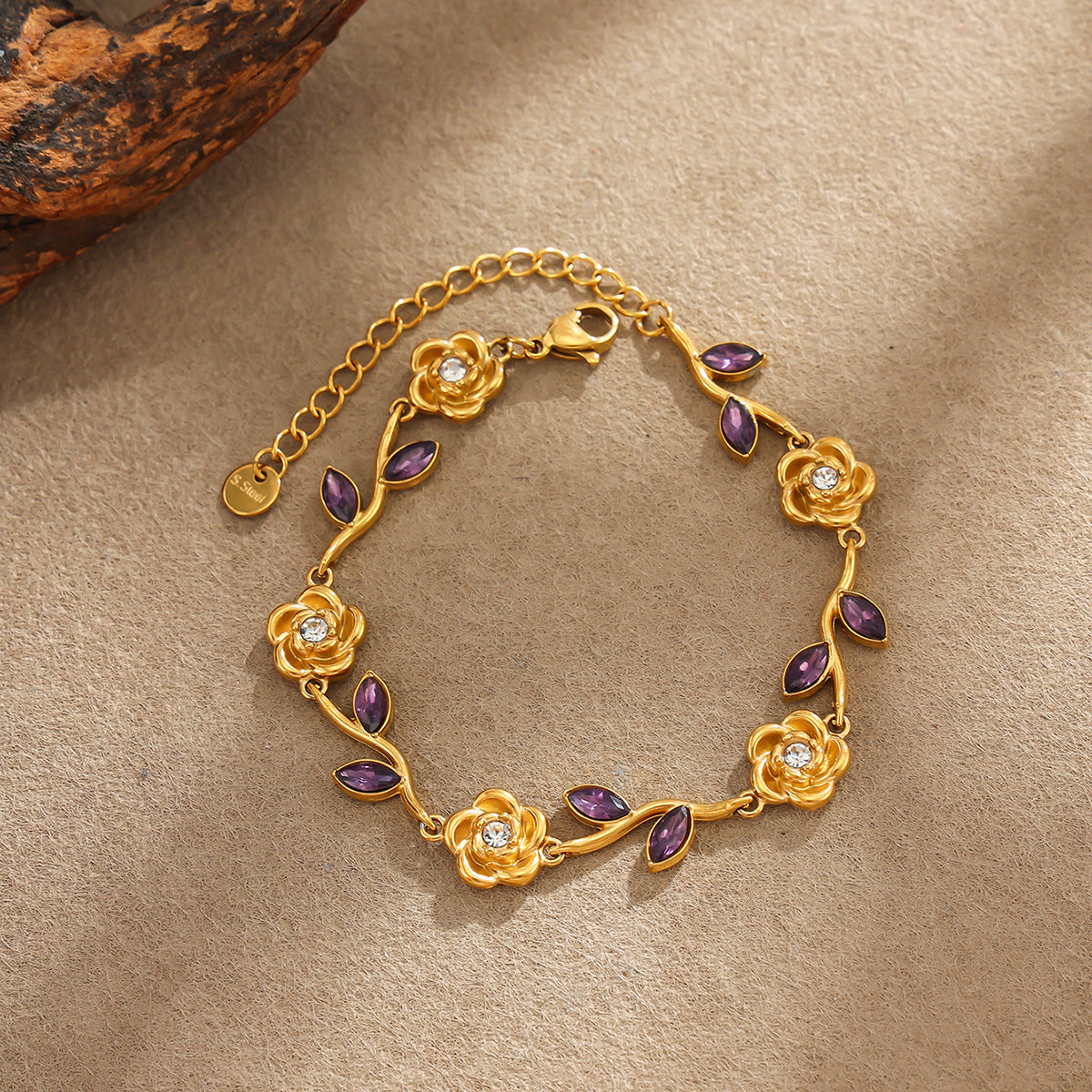 Luxury Elegant Rose Flower Teardrop Shape PVD 18K Gold Plated Stainless Steel Rhinestone Bracelet for Women