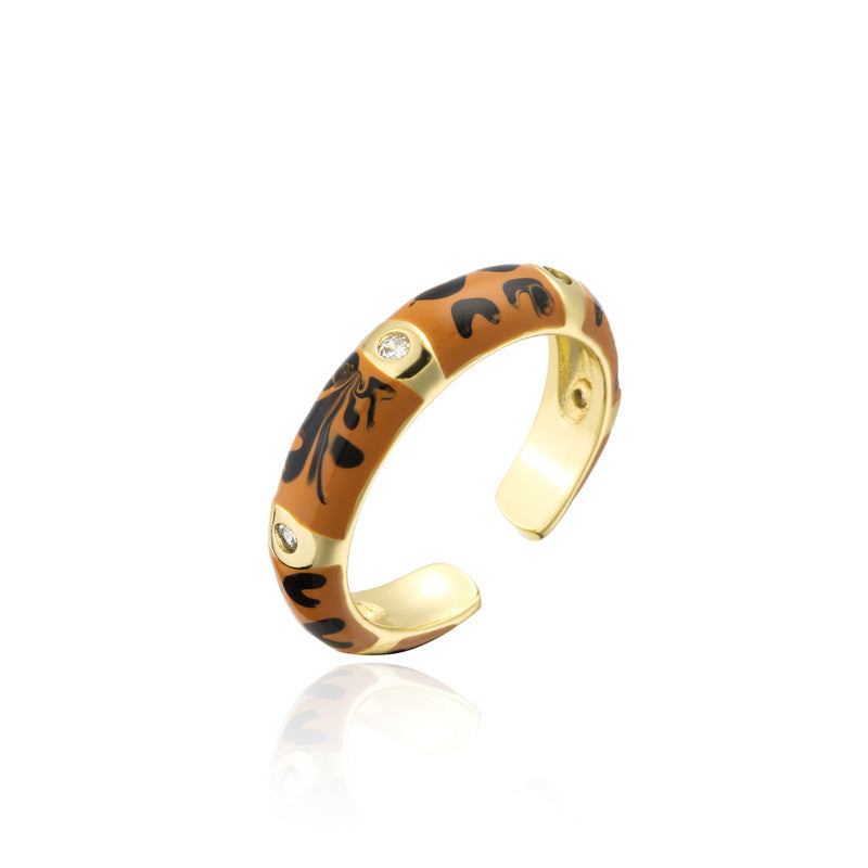 Colorful Drip Oil Geometric Brass Ring with Micro-inlaid Cubic Zirconia for Women