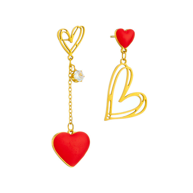 Asymmetrical Hollow Heart Titanium Steel Dangle Earrings for Women with Plated Finish
