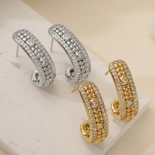 Minimalist Vintage Geometric Brass Gold Plated Cubic Zirconia C-Shaped Earrings for Women