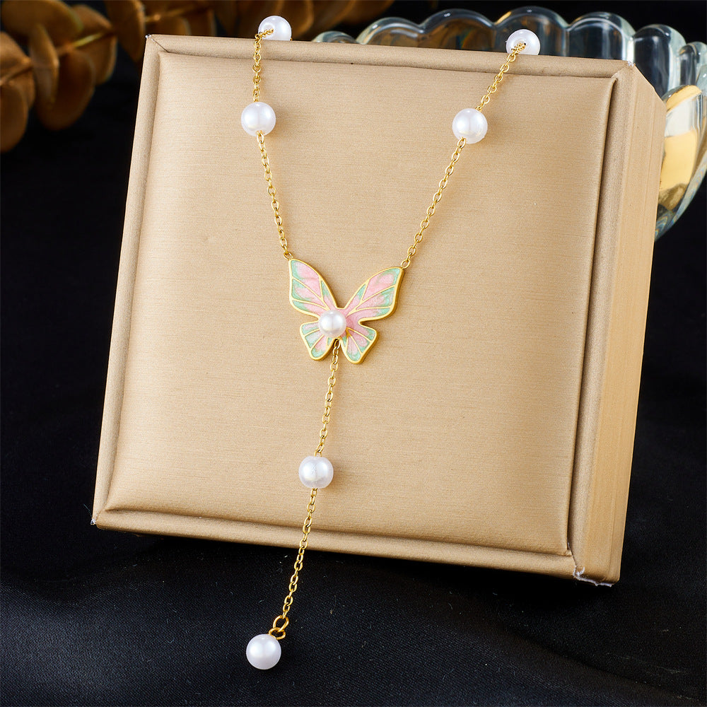 Minimalist Butterfly Pendant Necklace with Enamel Coloring and Pearl Accents on Stainless Steel Snake Chain for Women
