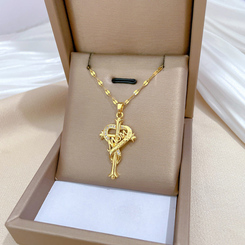 Minimalist Heart Cross Pendant Necklace in Stainless Steel with Rhinestone Inlay for Women and Men