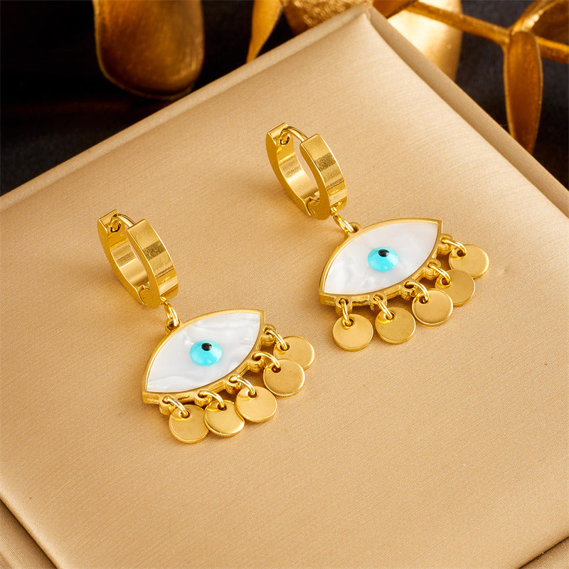 Aretes Colgantes Ovalados de Moda con Ojo Azul en Acero de Titanio con Acabado Chapado y Diseño Geométrico