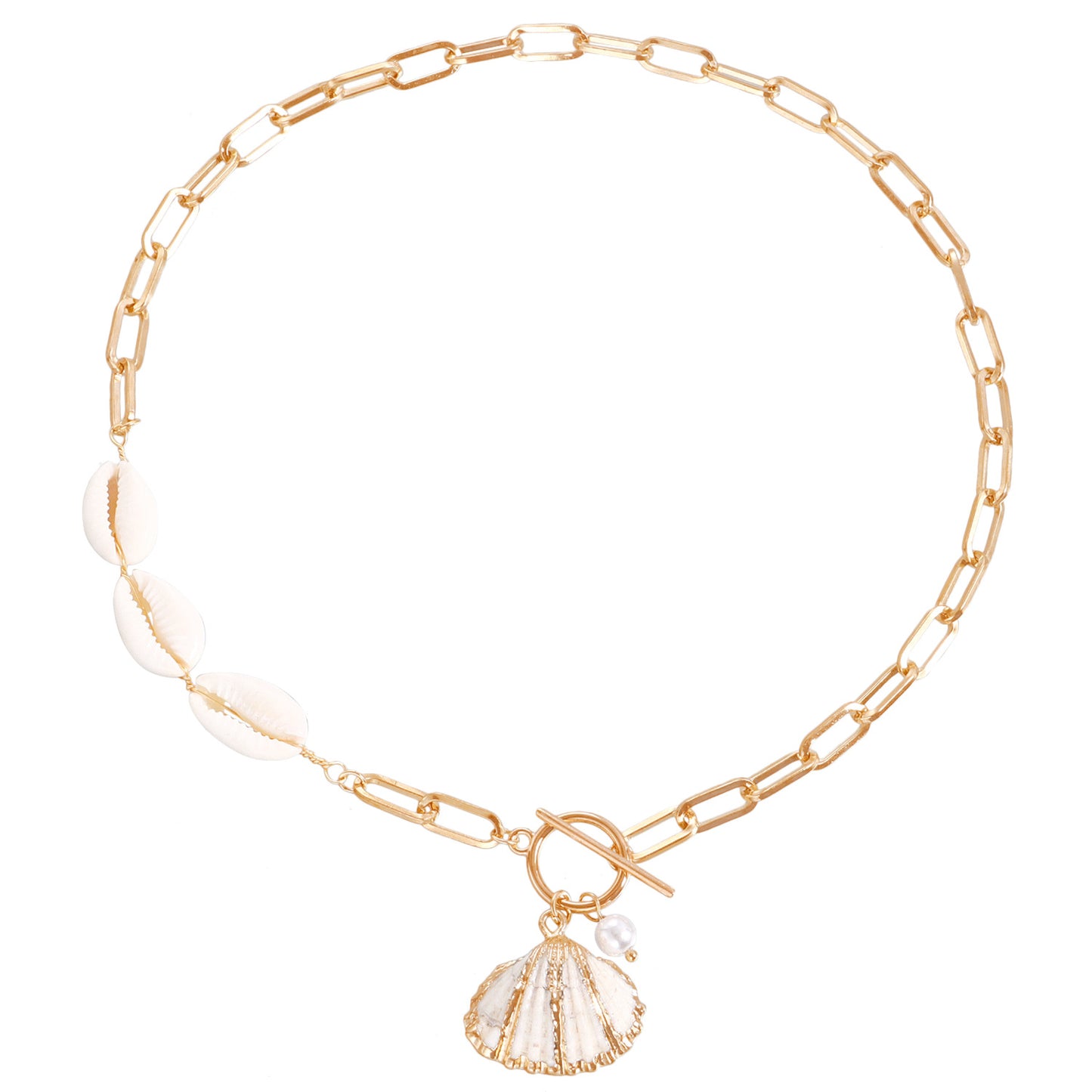 Collar con colgante de concha geométrica para mujer con cuerpo de aleación y acabado chapado, cadena de clavícula con temática playera