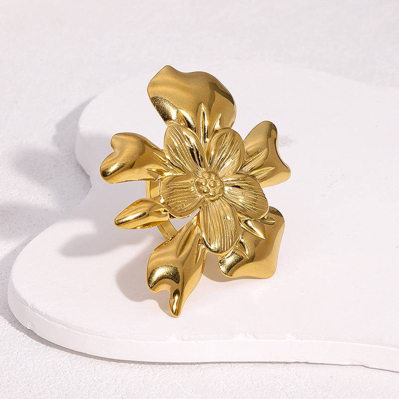 Anello Aperto Floreale Minimalista da Donna in Acciaio Inox con Placcatura in Oro