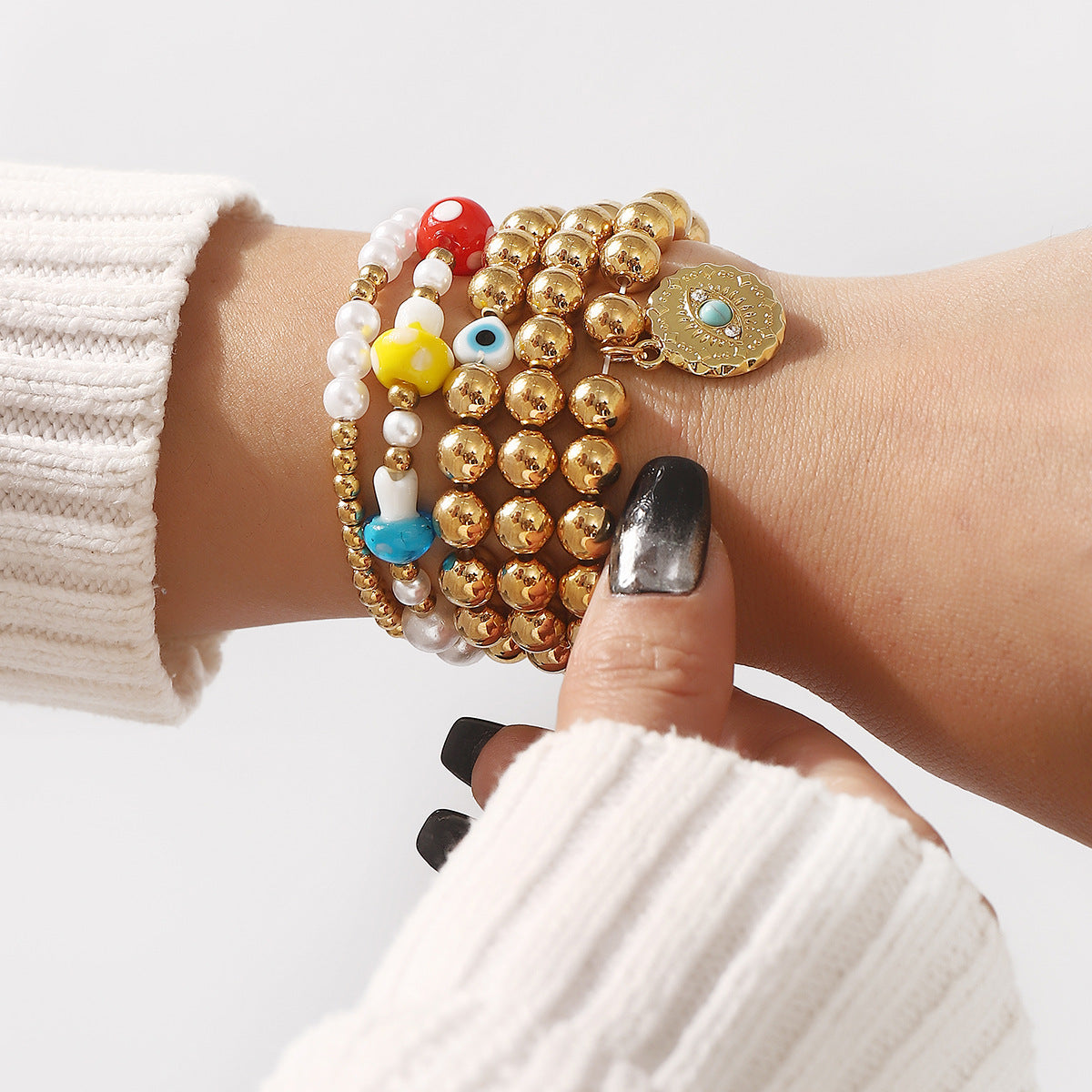 Minimalist Mushroom Eye Pendant Bracelet Set for Women with CCB Beads Alloy and Imitation Pearl Handmade Woven Design