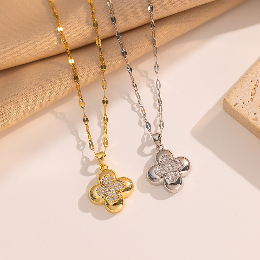 Minimalist Clover-Shaped Titanium Steel Necklace for Women with Rhinestone Inlay, Vacuum-Plated Snake Chain Pendant