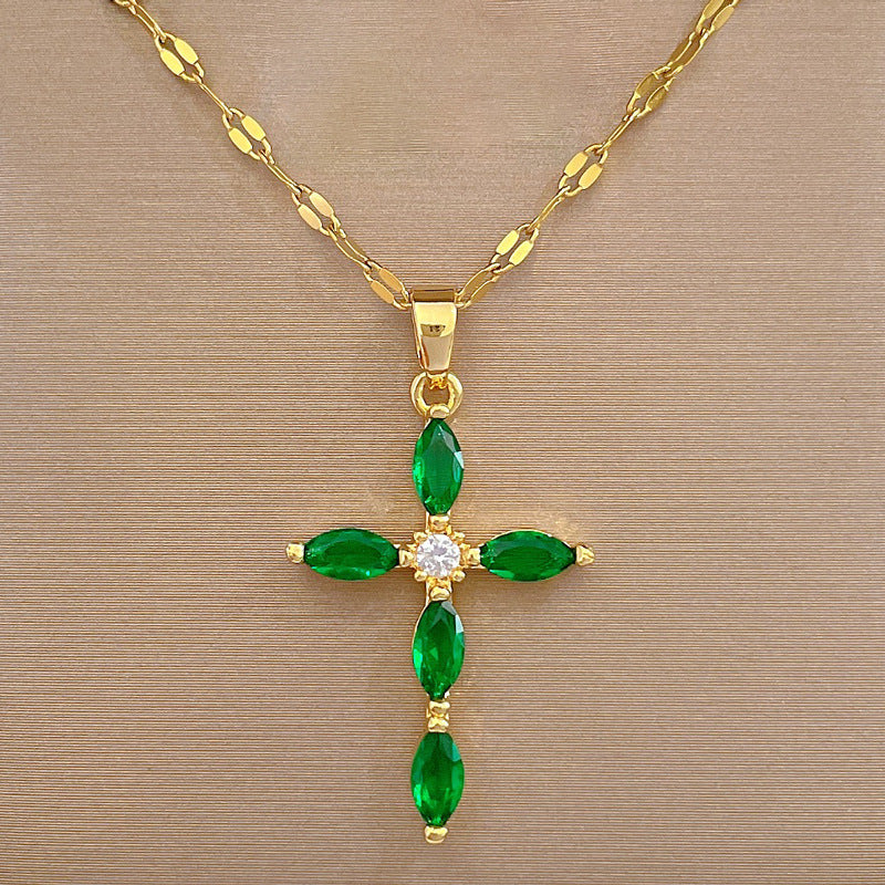 Collar de lujo con colgante de cruz de diamantes de imitación en acero de titanio con diseño de cruz geométrica unisex