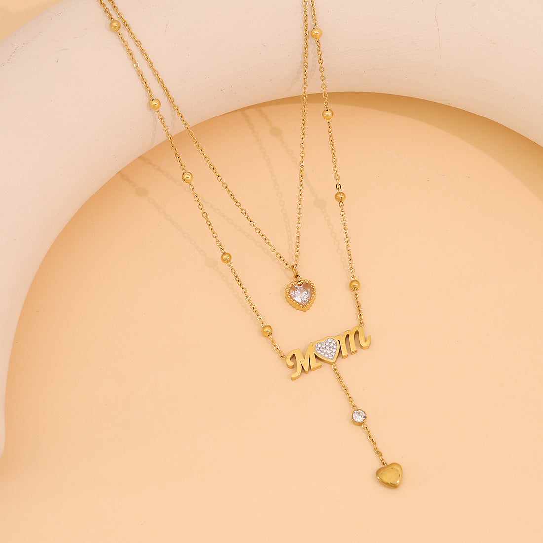 Fashionable Heart-Shaped Stainless Steel Double-Layer Pendant Necklace with Tassel and Plated Finish for Women