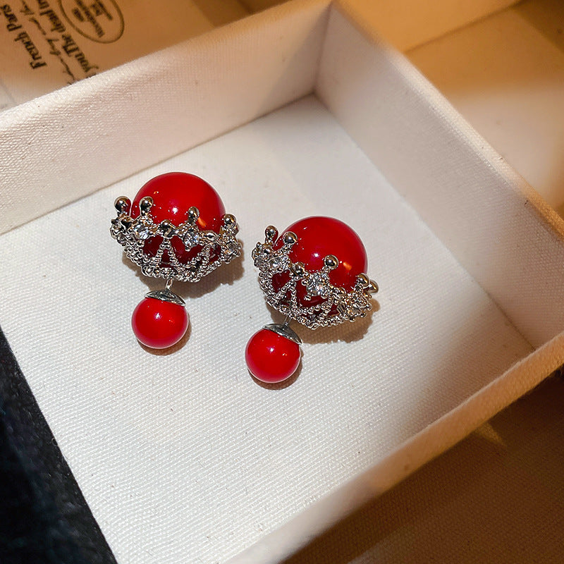 Elegant Geometric Dangle Stud Earrings for Women with Red Tassels, Alloy Base and Gold Plated Finish