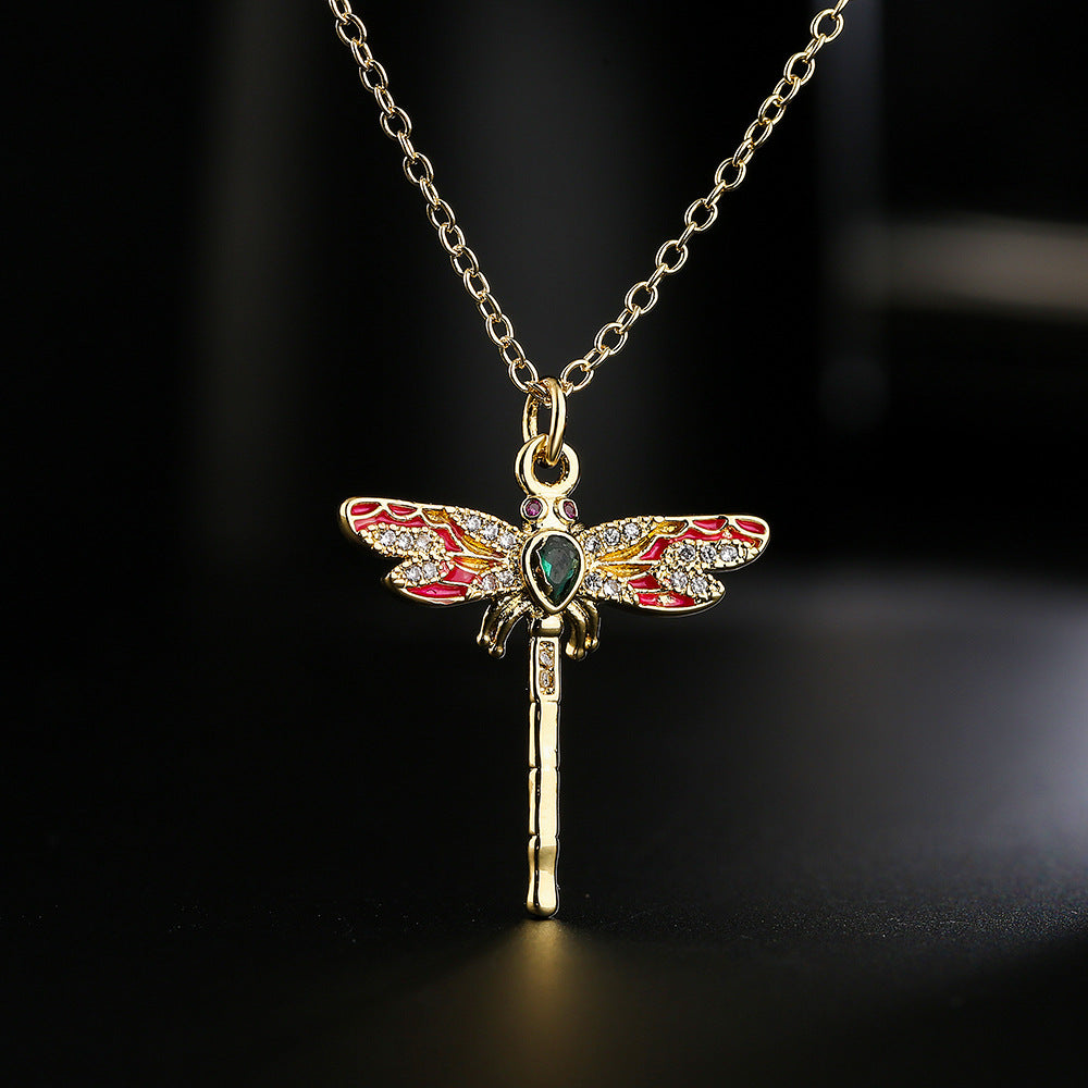 Minimalist Dinosaur Leopard Head and Dragonfly Pendant Necklace in Copper with 18K Gold Plating and Zircon Inlay