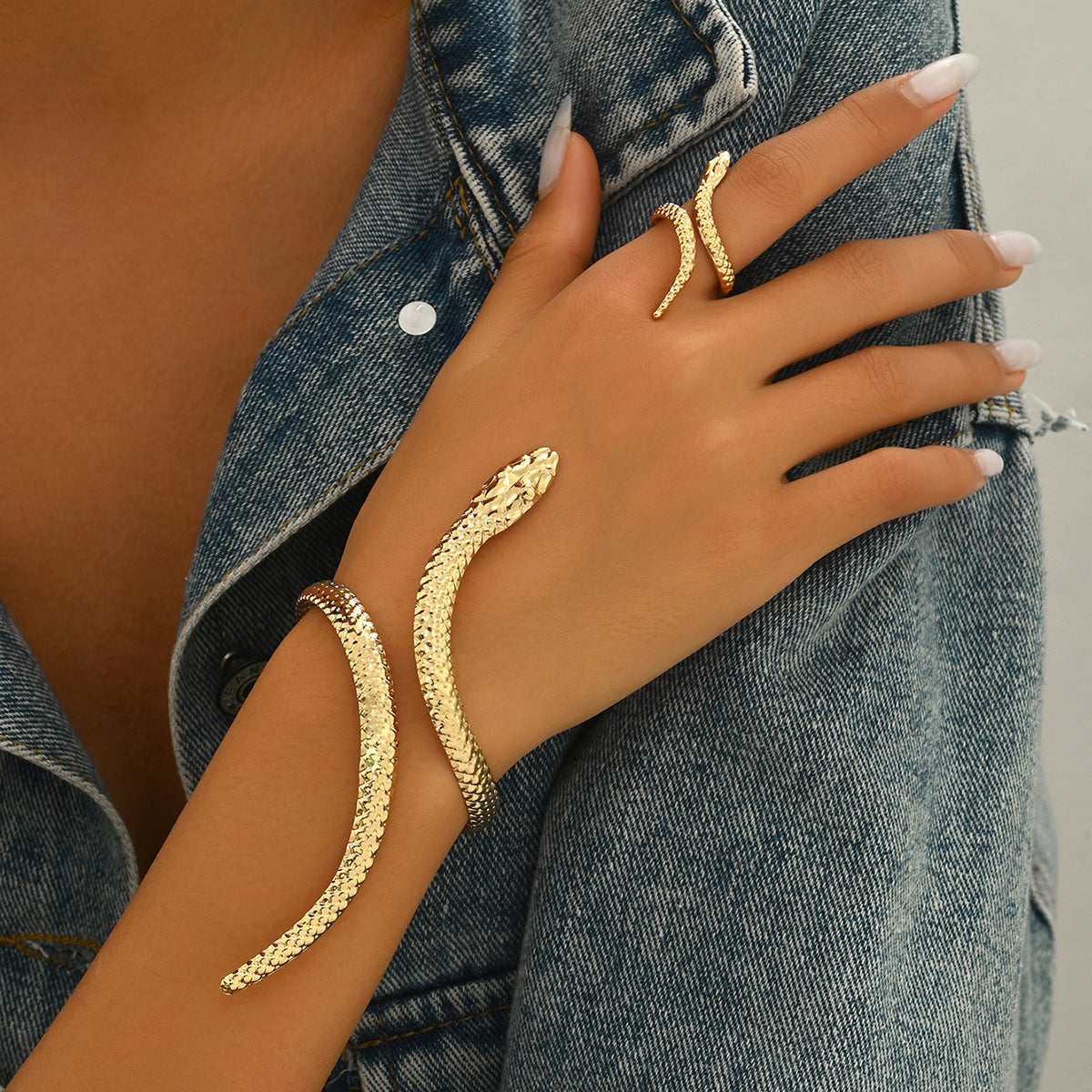 Set di bracciale e anello alla moda geometrica da donna, lega elettroplaccata, design a serpente e ragno con elementi esagonali, ovali e lineari