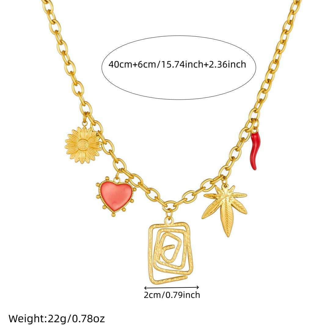 Vintage Gold Plated Geometric Square Leaf Heart Drip Oil Stainless Steel Pendant Necklace for Women