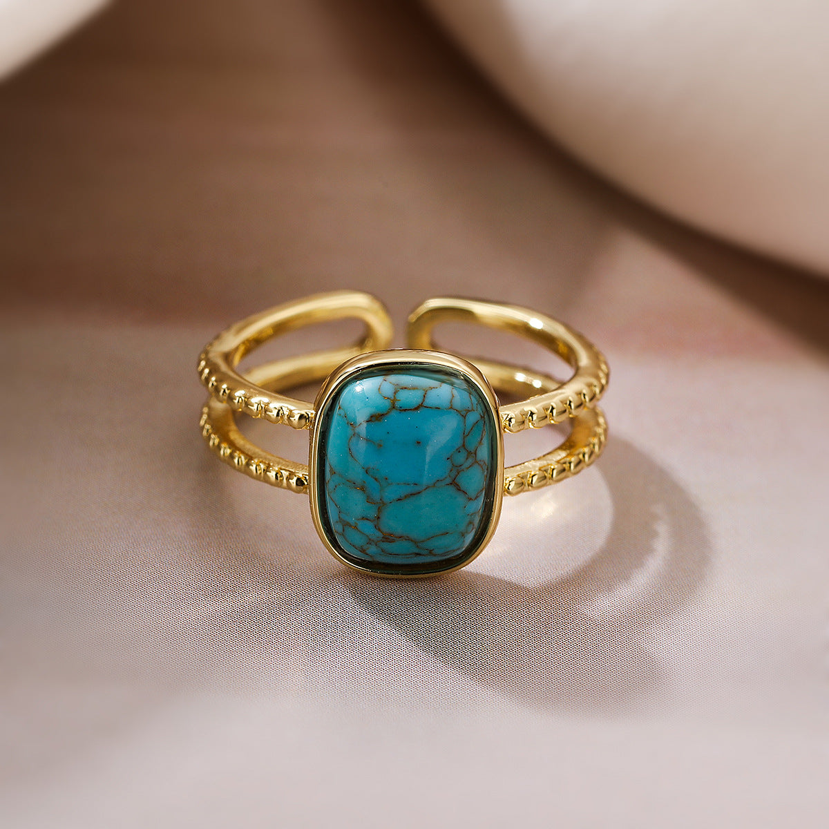 Minimalist Geometric Open Ring for Women in Brass with 18K Gold Plating and Turquoise Inlay