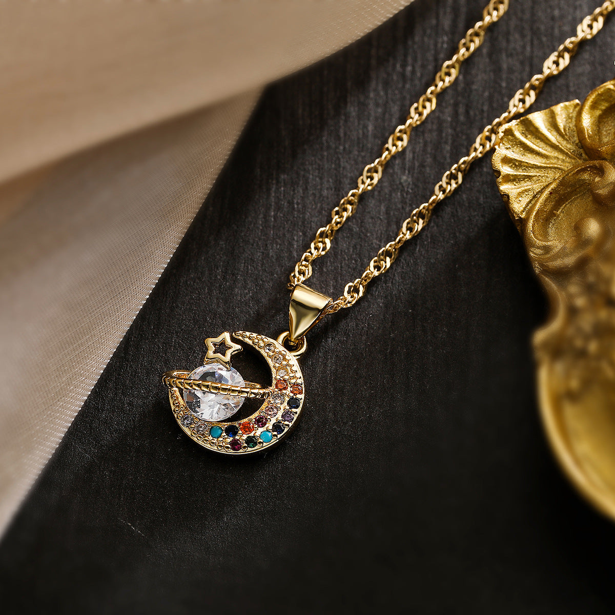 Minimalist Moon-Shaped Copper Necklace with 18K Gold Plating and Zircon Accents for Women