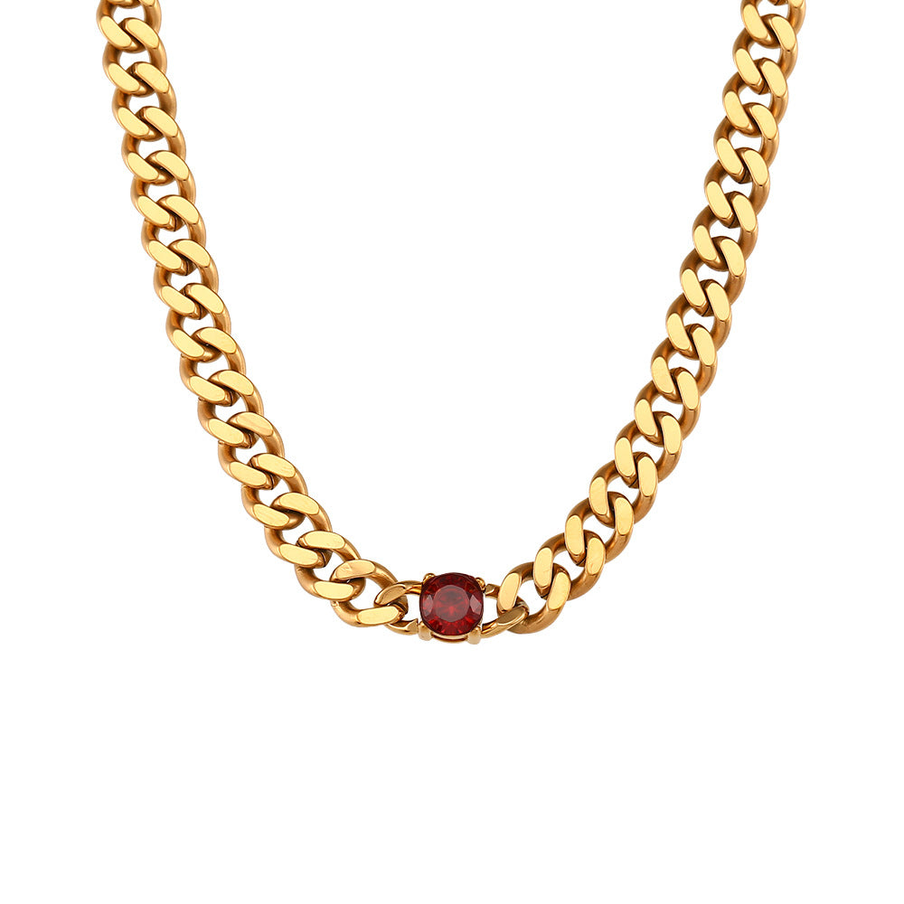 Fashion Geometric 18K Gold Plated Stainless Steel Cuban Chain Necklace with Round Zircon for Women