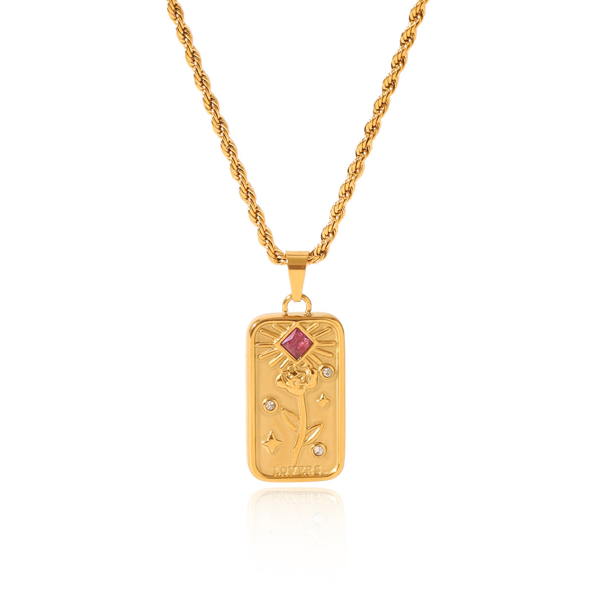 Ins Style Floral and Geometric Eight-Pointed Star Rhinestone Inlaid Pendant Necklace in Titanium Steel with Twisted Chain