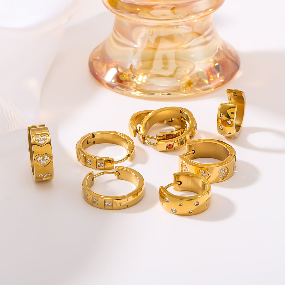 Minimalist Ins Style Stainless Steel Hoop Earrings with 18K Titanium Plating and Round Zirconia Heart-Shaped Ear Cuffs