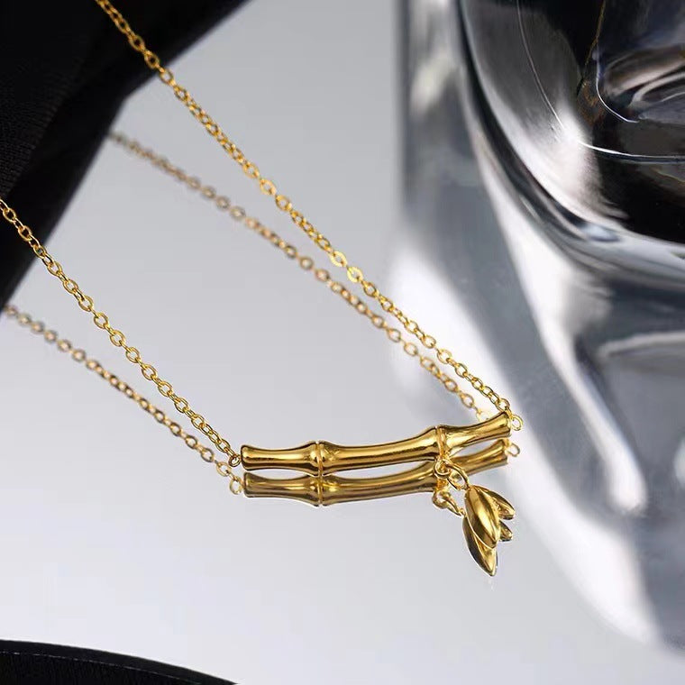 Minimalist Geometric Bamboo Section 18K Gold Plated Titanium Steel Beaded Chain Necklace for Women