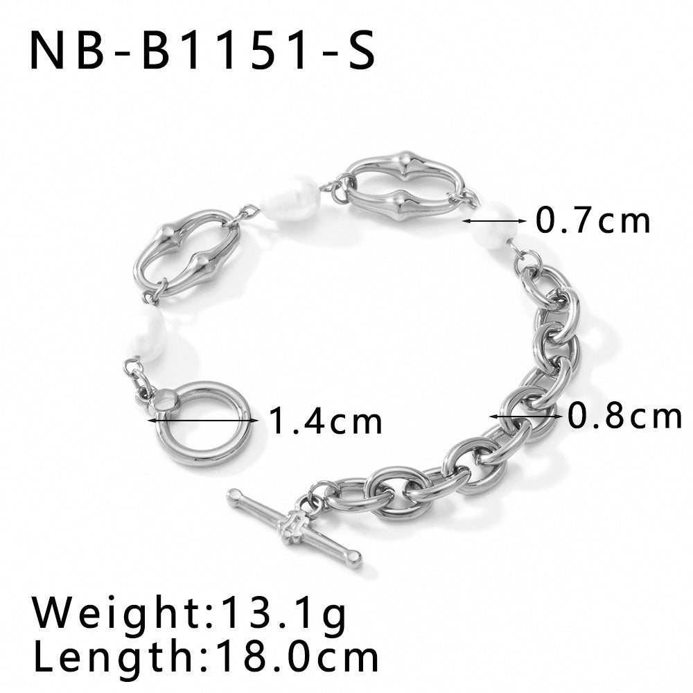 Ins Style Asymmetrical Geometric Pendant Necklace and Bracelet Set in Stainless Steel with Natural Pearl Accents and 18K Vacuum Plated Finish
