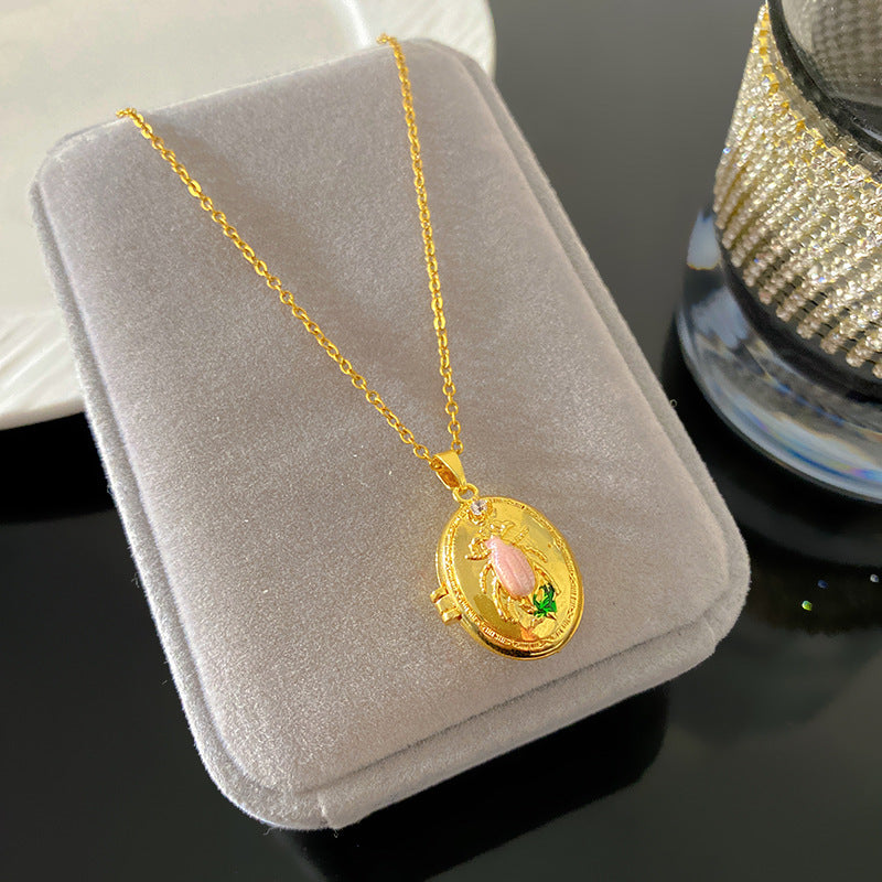 Vintage Enamel Drip Oil Oval Heart Brass Pendant Titanium Steel Necklace Cable Chain