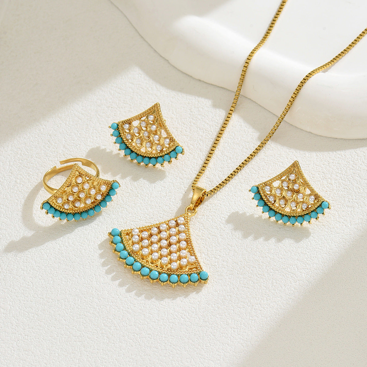 Fashion OL Fan Shape Alloy Jewelry Set with Pearl Inlay for Women