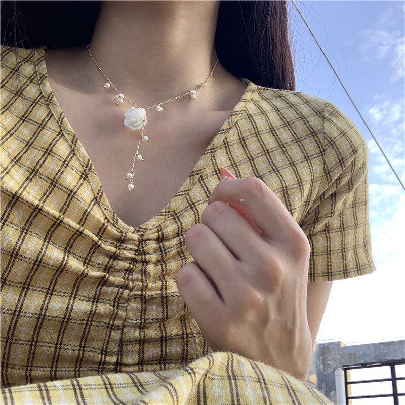 Sweet Teardrop Floral Pearl Pendant Titanium Steel Necklace for Women and Men