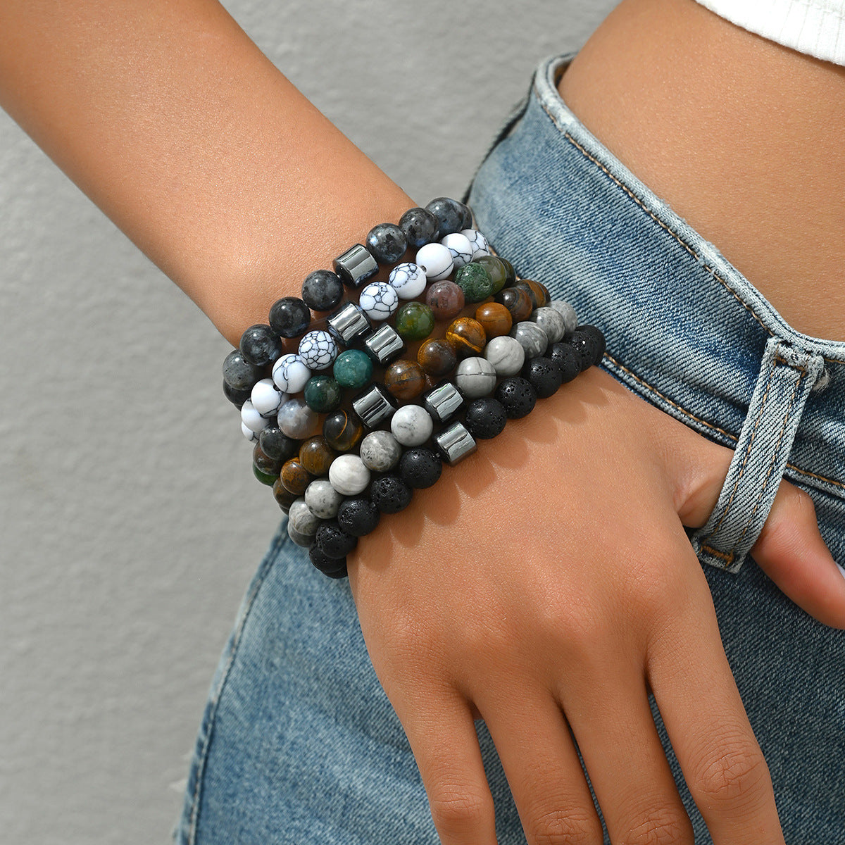 Bracciale geometrico vintage con pietre naturali, design intrecciato fatto a mano, set di gioielli premium fatti a mano