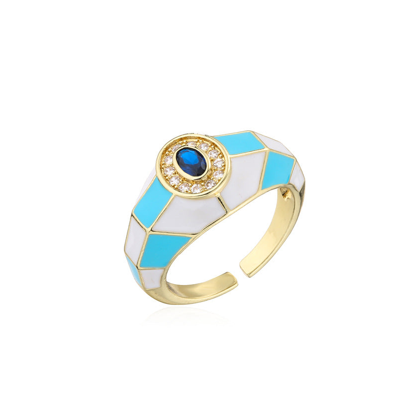Sweet 18K Gold Plated Square Geometric Brass Ring with Drip Oil and Cubic Zirconia Inlay for Women