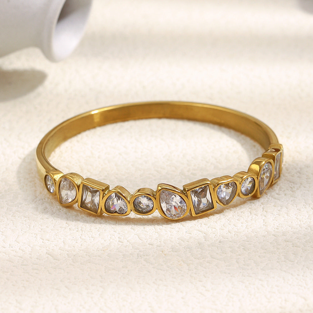 Fashionable Geometric Stainless Steel Bracelet with 18K Gold Plating and Zircon Inlay for Women