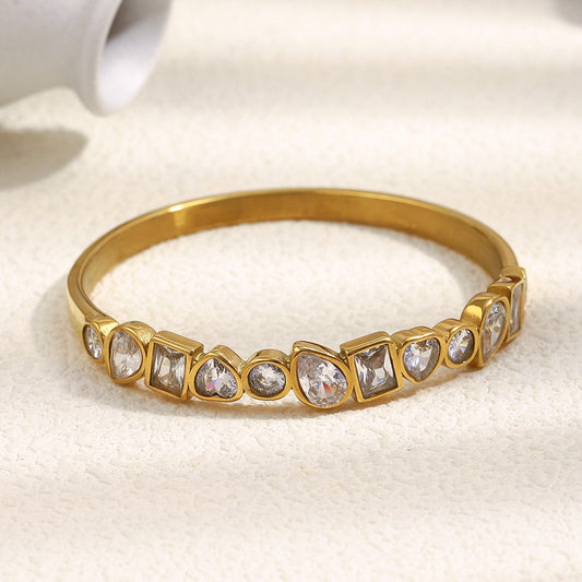 Fashionable Geometric Stainless Steel Bracelet with 18K Gold Plating and Zircon Inlay for Women