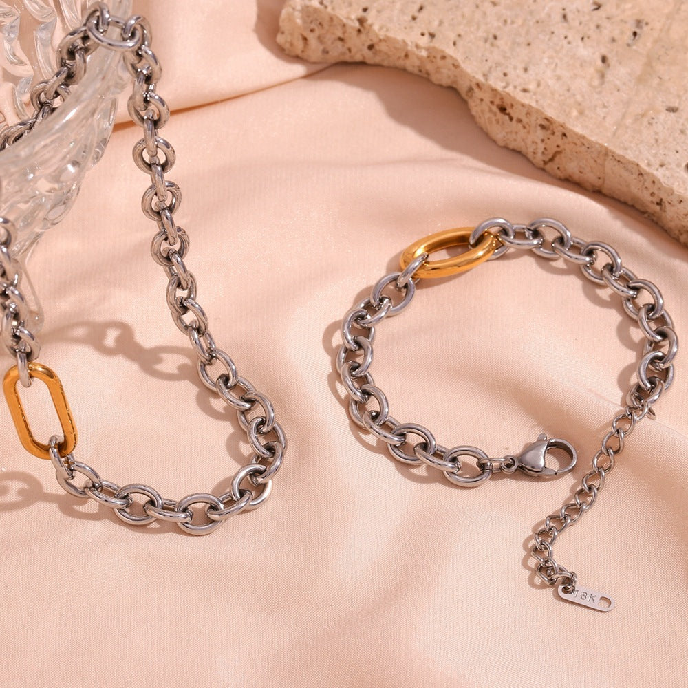 Minimalist Geometric Stainless Steel Necklace Set with 18K Gold Plated O-Chain and Matching Bracelet for Women