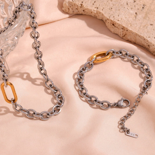 Conjunto de Collar y Pulsera Minimalista Geométrico de Acero Inoxidable con Cadena O Bañada en Oro de 18K para Mujer