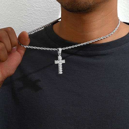 Collar con colgante de rombos y cruz geométrica estilo Hip Hop para hombre, cadena cubana de aleación de zinc con incrustaciones de diamantes de imitación
