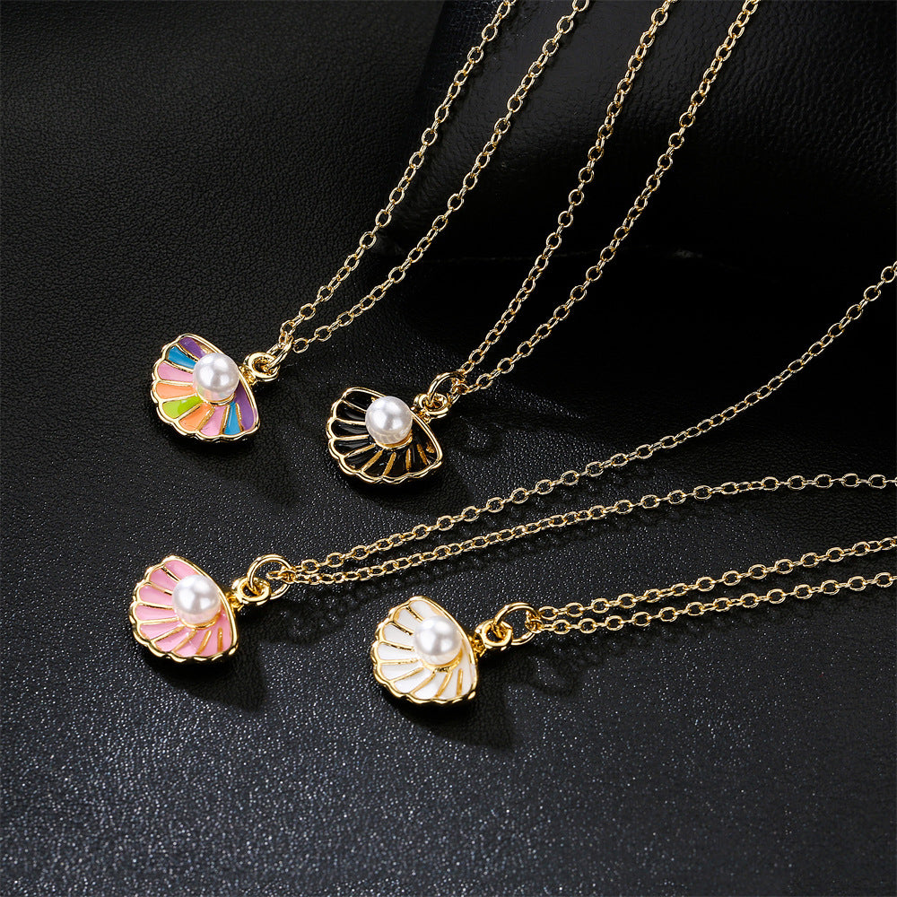 Geometric Drip Oil Gold Plated Brass Pendant Necklace with Pearl