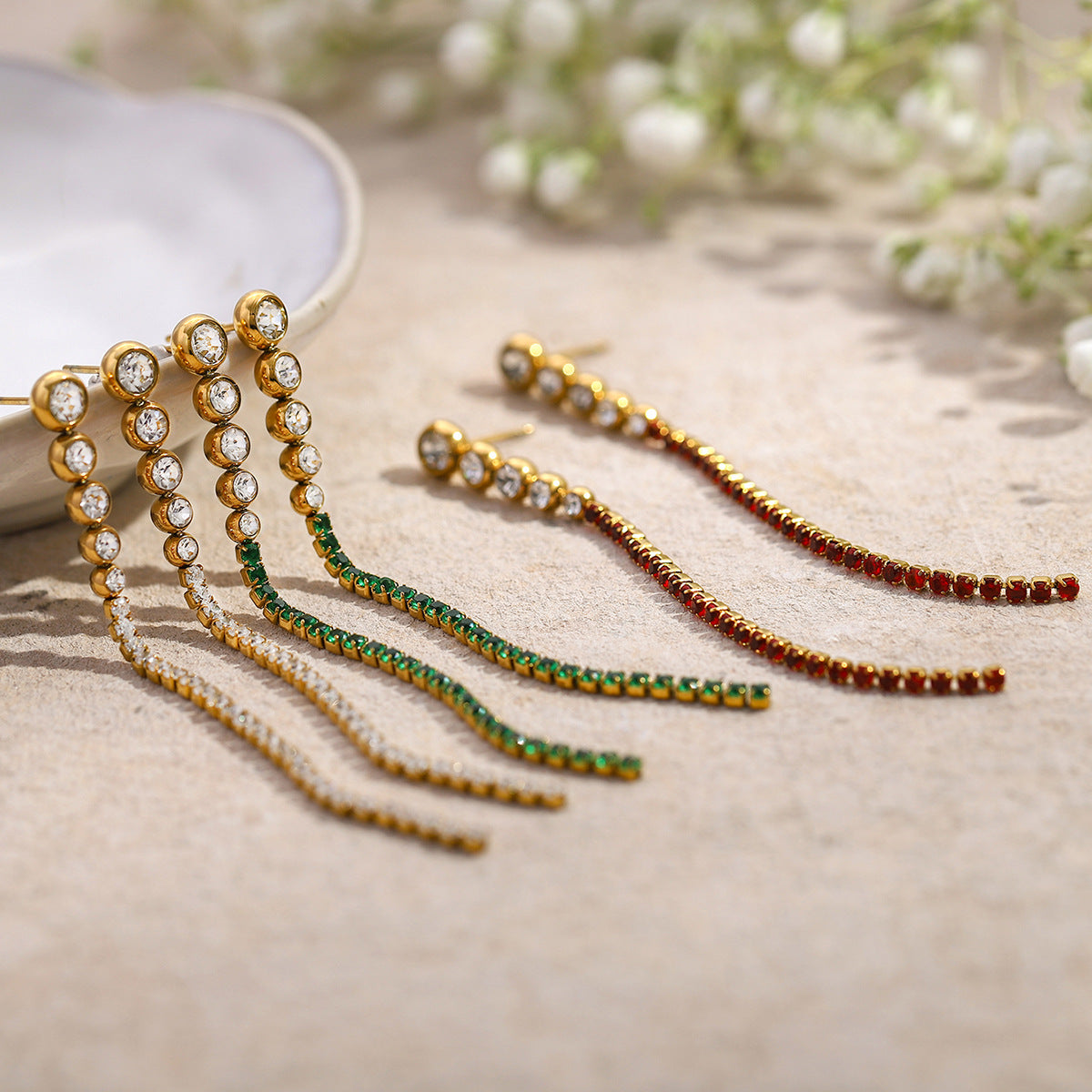Minimalist Stainless Steel Earrings with 18K Gold Plating and Zirconia Fringe Design for Women