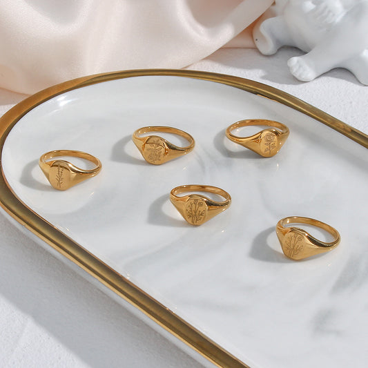 Anello da donna alla moda in acciaio inossidabile a forma di girasole con finitura galvanica e motivo lavanda inciso