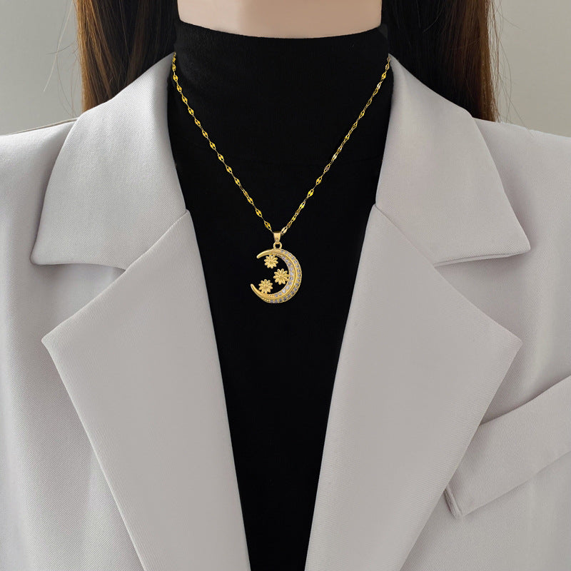 Minimalist Crescent Moon Floral Rhinestone Pendant Necklace for Women Titanium Steel Snake Chain Elegant Clavicle Jewelry
