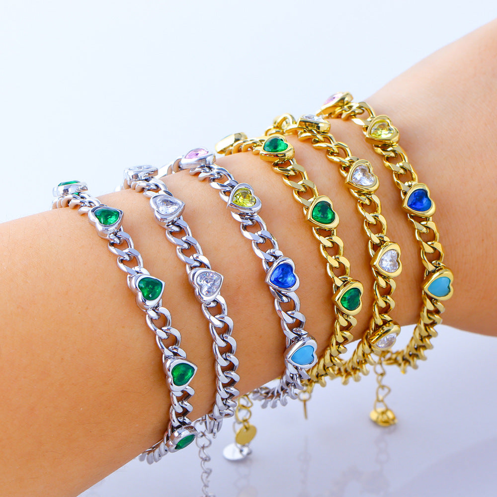Bracciale da donna regolabile a forma di cuore in acciaio inossidabile con placcatura in oro e zirconi, gioielli alla moda stile ufficio minimalista