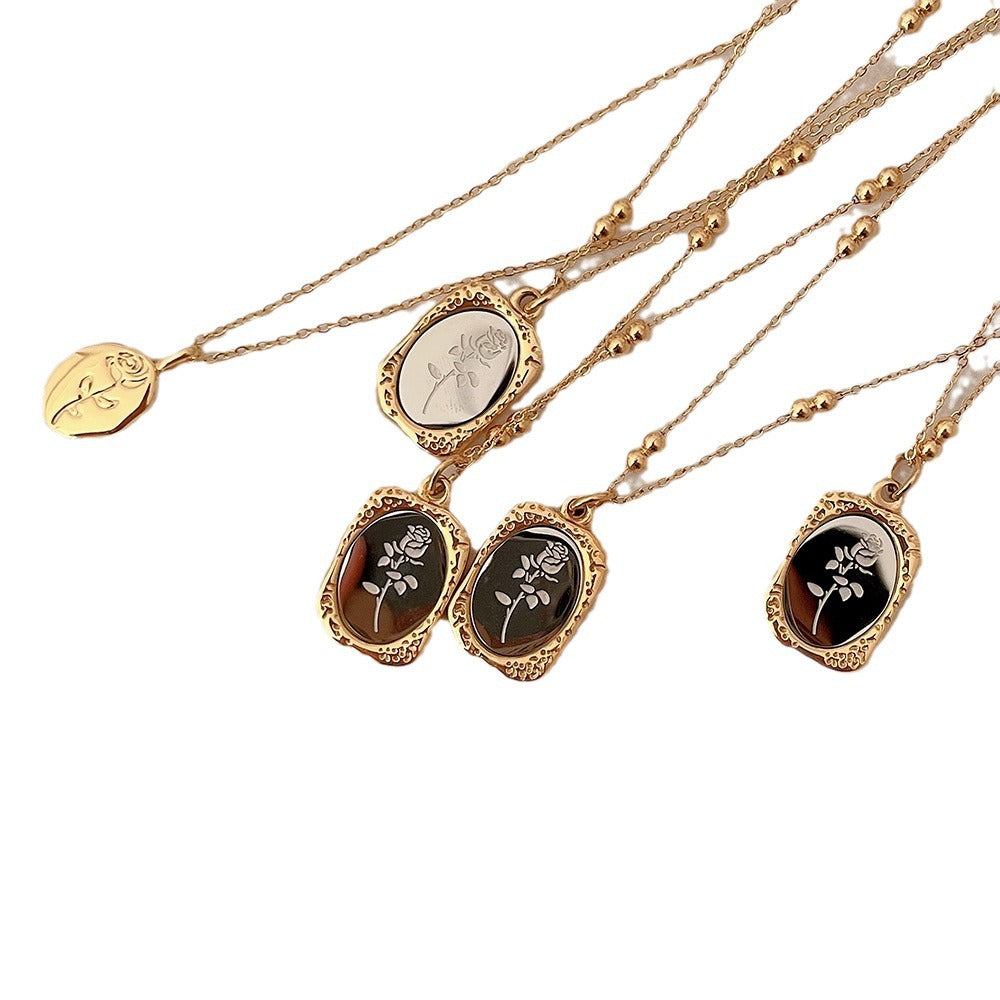 Collana Pendente a Specchio in Acciaio al Titanio con Incisione in Stile Francese Vintage da Donna con Ciondolo Quadrato Geometrico e Placcatura in Oro Rosa