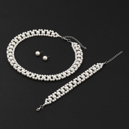 Minimalist Luxe Handmade Pearl Bracelet Earrings Necklace Set for Women Multi-Layer Stackable Jewelry with Plated Finish and Wave Motif