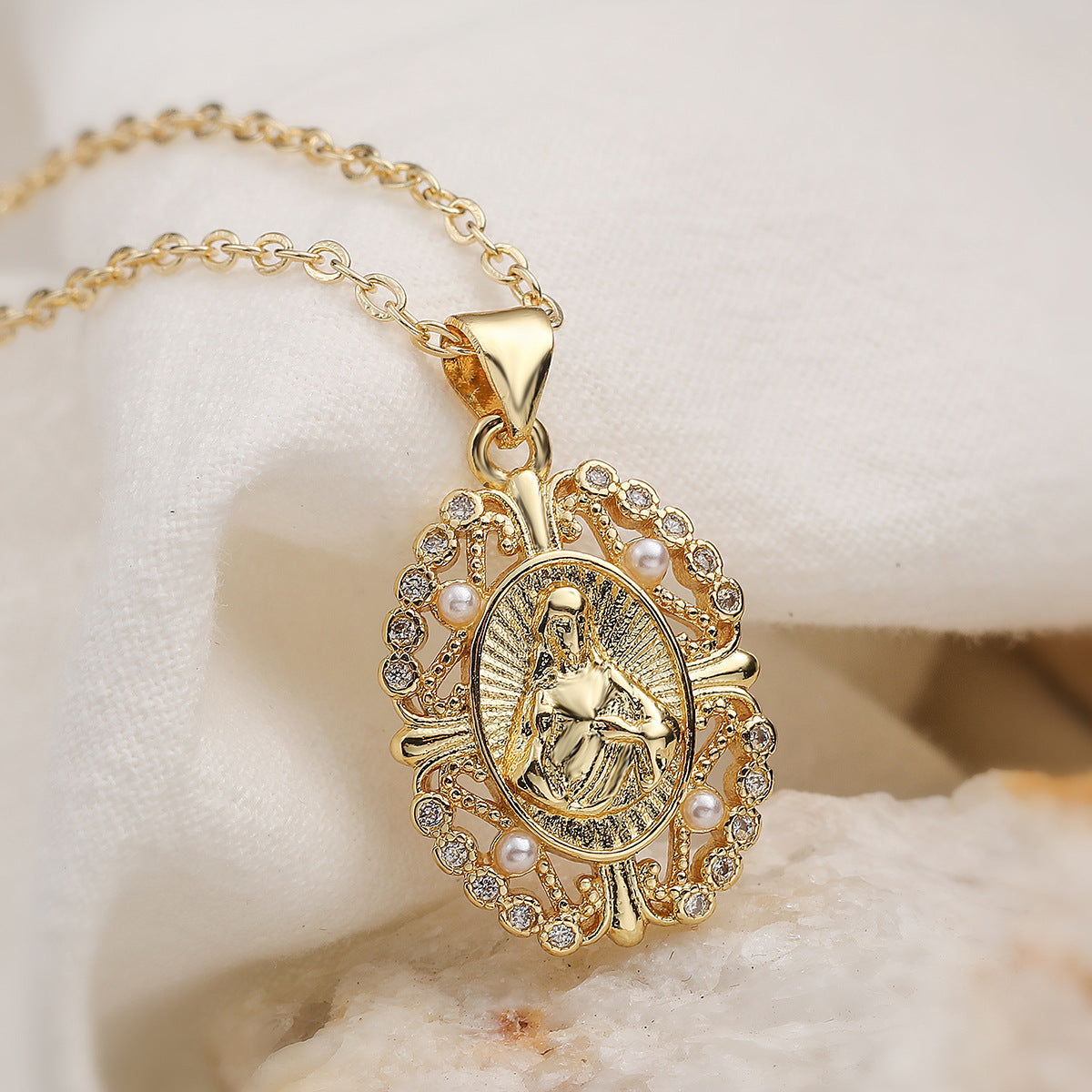 Minimalist Geometric 18K Gold Plated Brass Pendant with Cubic Zirconia and Pearl