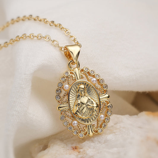 Minimalist Geometric 18K Gold Plated Brass Pendant with Cubic Zirconia and Pearl