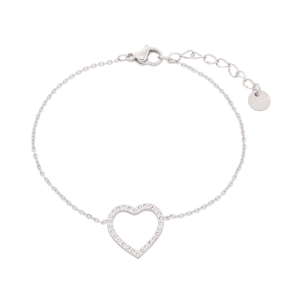 Bracciale da donna in acciaio inossidabile a forma di cuore cavo, alla moda e minimalista, con strass micro-incastonati e finitura placcata