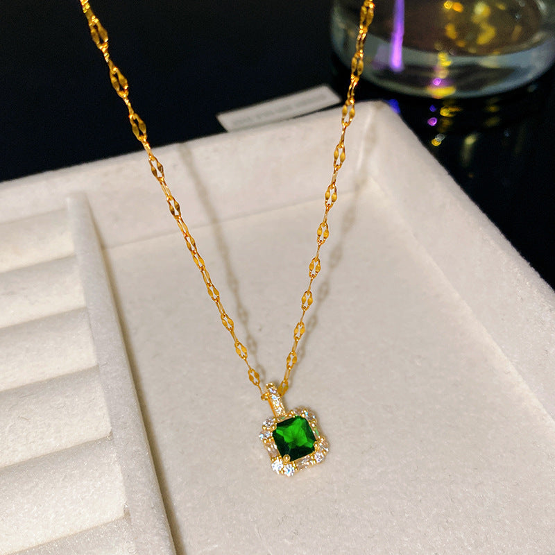 Sporty Sweet Square Fruit Emerald Cubic Zirconia Plated Titanium Steel Necklace with Brass Pendant Cable Chain